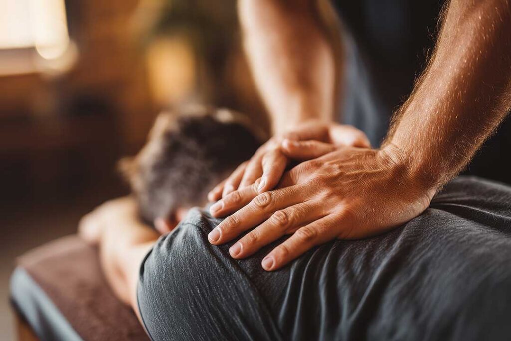 Person gently stretching beside a window after experiencing mild back discomfort at home